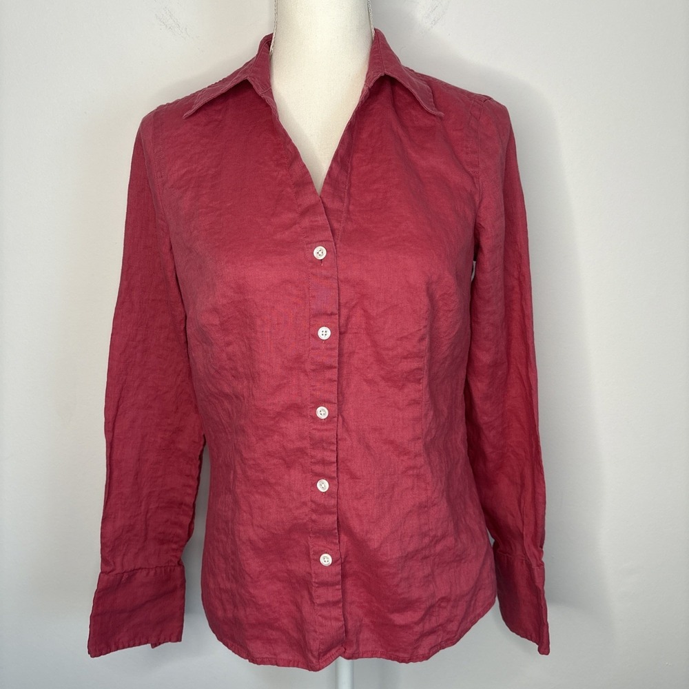 Ann Taylor 100% Linen Size 6 Pink Shirt  Button Down Long Sleeve Office Workwear